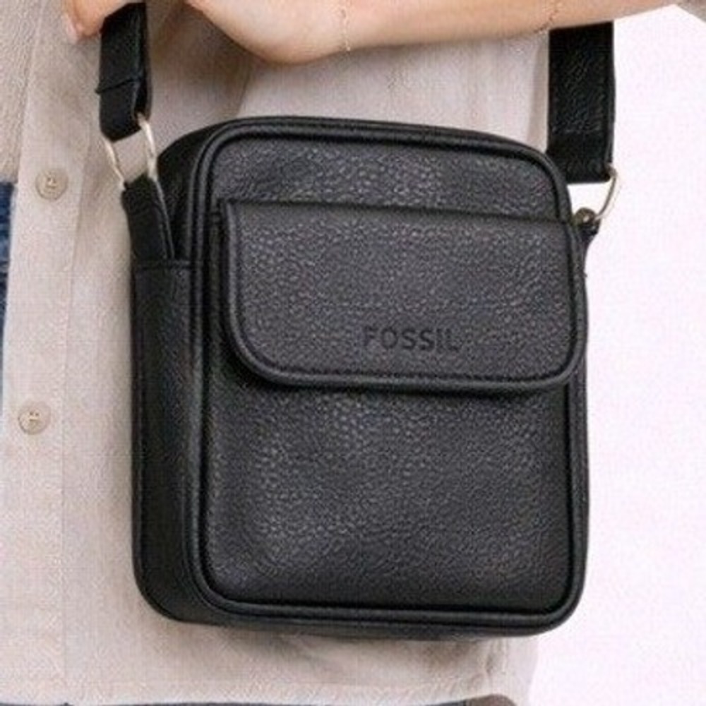 Vintage Fossil Pebbled Black Leather Crossbody Shoulder Bag Adjustable Strap